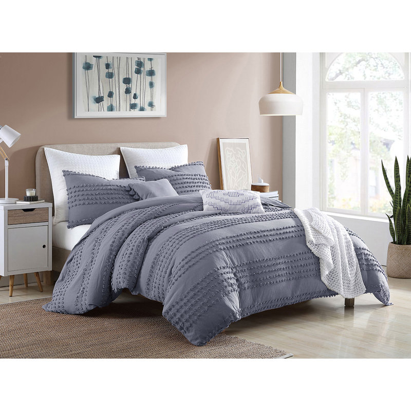 Ensemble d'édredon 5 pièces en jacquard à pinces à pompon 100% coton Swift Home Marilla - 2 coussins décoratifs inclus - chaleur toutes saisons, durable, facile d'entretien