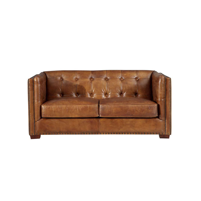 Bellefont 69'' Genuine Leather Tuxedo Arm Loveseat, Light Brown Genuine Leather
