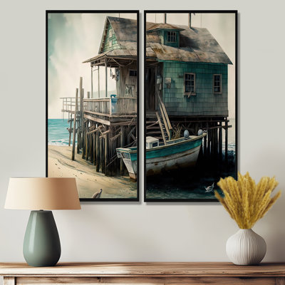 Port rustique avec un bateau de pêche I - art mural brun 2 pièces