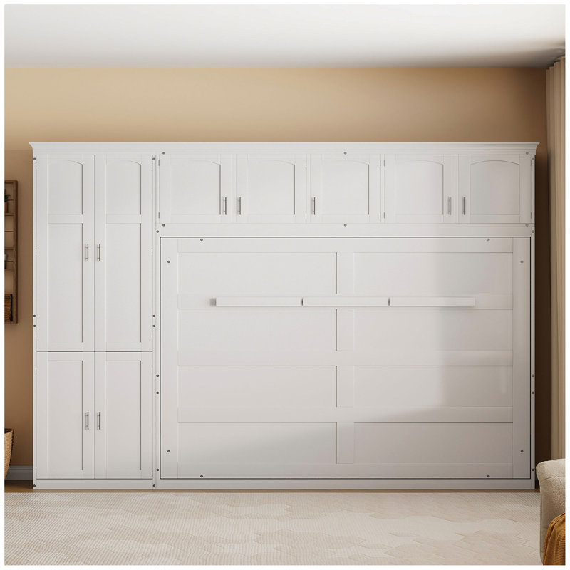 Grand lit escamotable mural avec armoires, Blanc