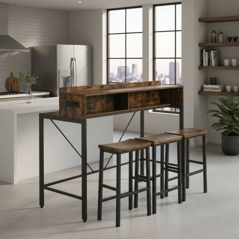 4-piece Bar Table And Chair Set With Sofa Table + 3 Saddle Stools With Power Socket + Led Light For Living Room / Dining Room / Kitchen