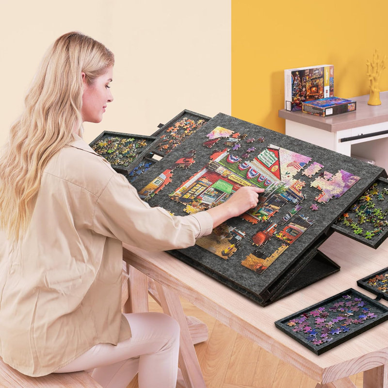 Tilting Puzzle Board With 2-in-1 Designed Stand & Cover, Super Lightweight Felt Plateau Storage With 6 Drawers For Adults & Kids, Portable Jigsaw Puzzle Table For Up To 1000 Pieces – Gray
