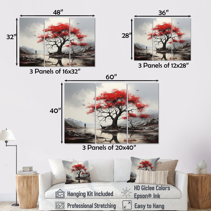 «Red Baobab Tree Landscape I» - ensemble de salon mural art baobab rouge, H 28 po x l 36 po x P 1 po, Toile tendue