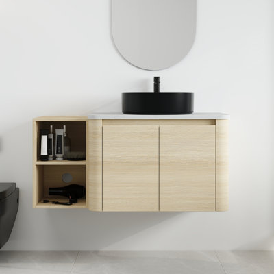 Ensemble de meuble-lavabo simple mural 42 po avec lavabo en céramique et tablettes Varnby, ensemble de meuble-lavabo simple 42 po avec plateau en pierre reconstituée