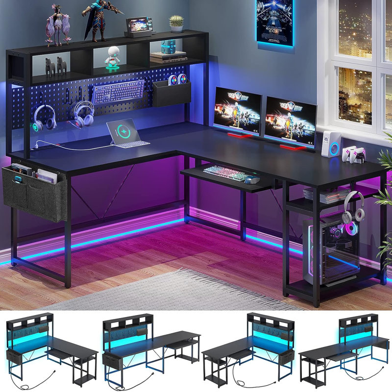 Truet Computer Desk with Hutch and Built in Outlets, Black/Black