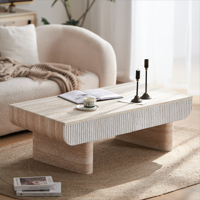 Coffee Table with Faux Marble Tabletop, Mid Century Modern Coffee Table with Fluted Drawer, Coffee Table for Living Room, Office