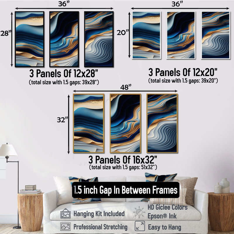 «Vibrant Blue and Gold Flow Art II», impression sur toile flottante 3 pièces, Noir, H 28 po x l 36 po x P 1 po