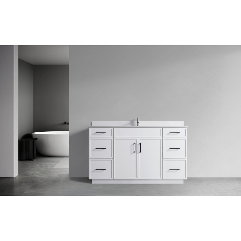 60" White Plywood Single Sink Freestanding Vanity with Cultured Marble Top