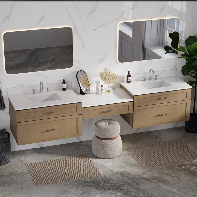 Meuble-lavabo mural flottant double 102 po avec comptoir en quartz Carrara, Chêne naturel