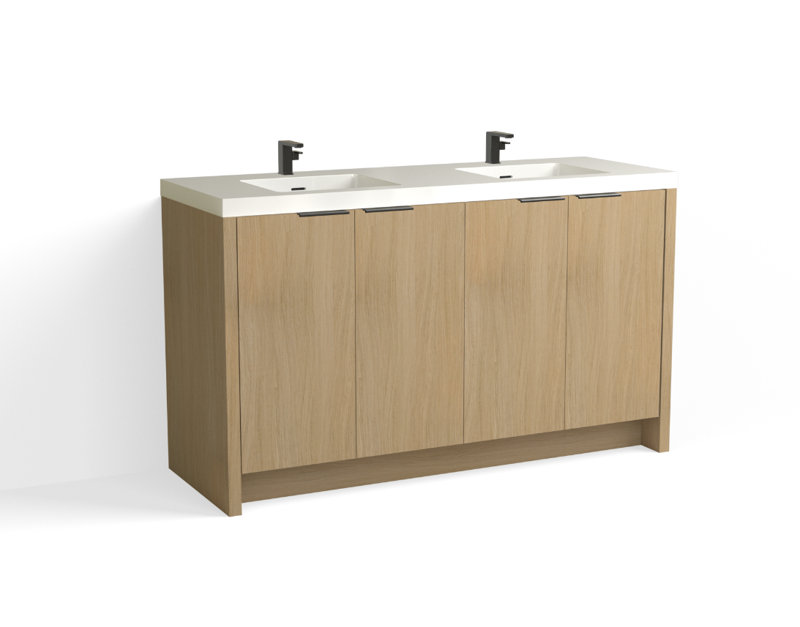 Mesa 60" W Freestanding Double Bathroom Vanity , White Gloss, Charred/Satin Brass, Single-Hole