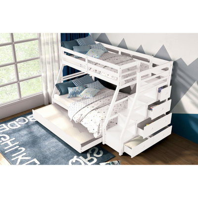 White Transitional Twin Over Full Bunk Bed Featuring Rails With Insert And Lock Joint, Built-In Drawers Front Access Steps, Slat Kit Included White, Bed, Design, Rails, Joint Structure, Drawers,
