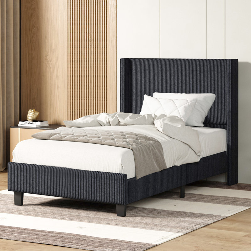 Schauer Corduroy Upholstered Wingback Bed, Metal Frame , Plywood Slats, No Box Spring, Black, Twin