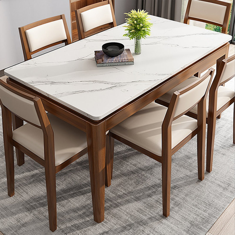 White + Nut-brown Rectangular Sintered Stone + Solid Wood Dining Table, 29.53”H x 70.87”L x 35.43”W