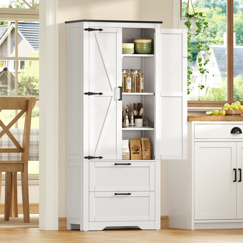 Farmhouse Storage Cabinet, Bathroom Storage Cabinet With With 2 Doors & Drawers, 66.2" H x 23.6" W x 11.8" D, White