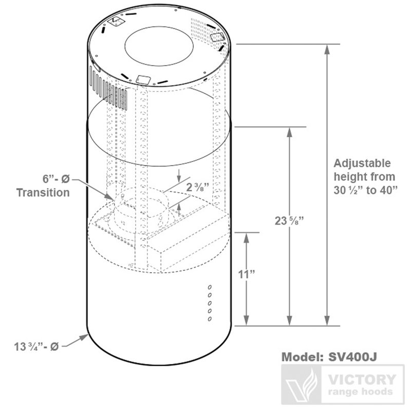 Hotte îlot cylindrique Victory 600 CFM en acier inoxydable, interrupteur à bouton-poussoir à 3 vitesses, minuterie d'arrêt automatique