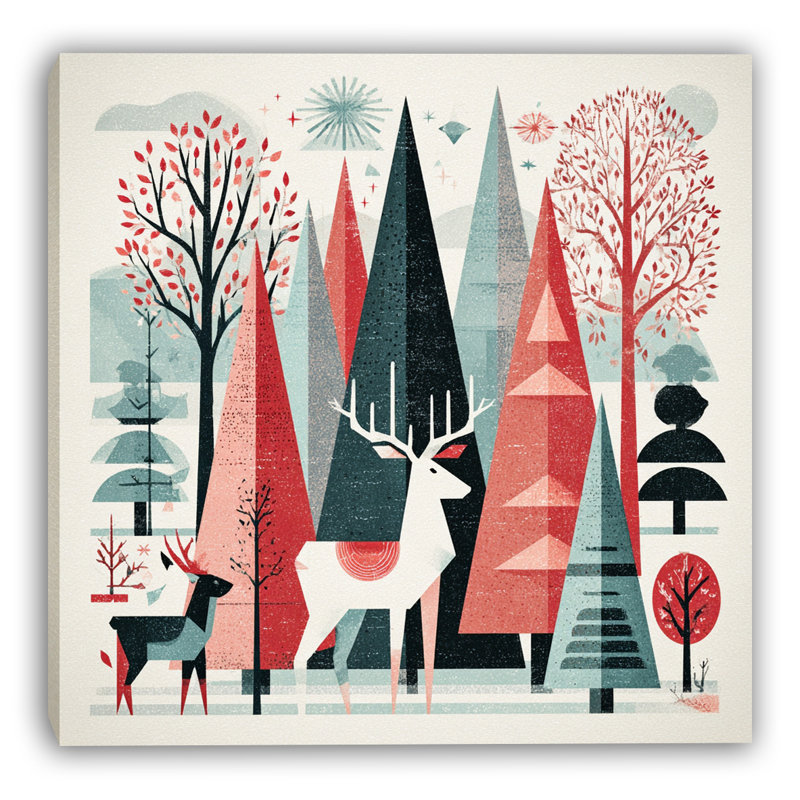 Art mural sur toile Mid-Century Forest Deer, H 12 po x l 12 po