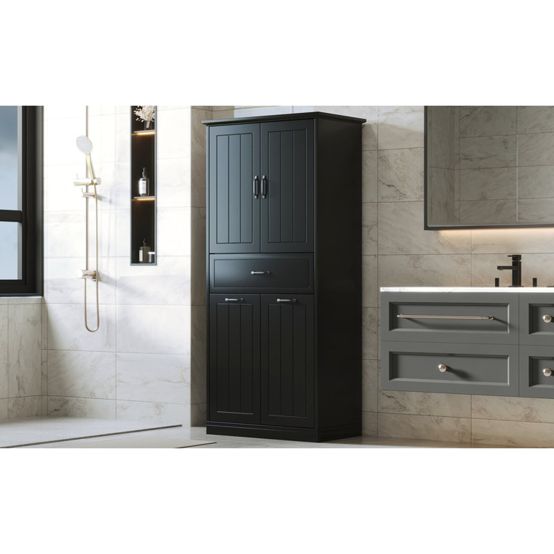 Bathroom Storage With 2 Laundry - Black Finish & Functional Design Cabinet Doors Large Capacity, Black