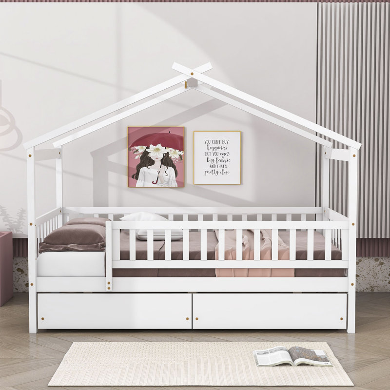 Heulwen Two Drawers Wooden House Bed, White, Twin