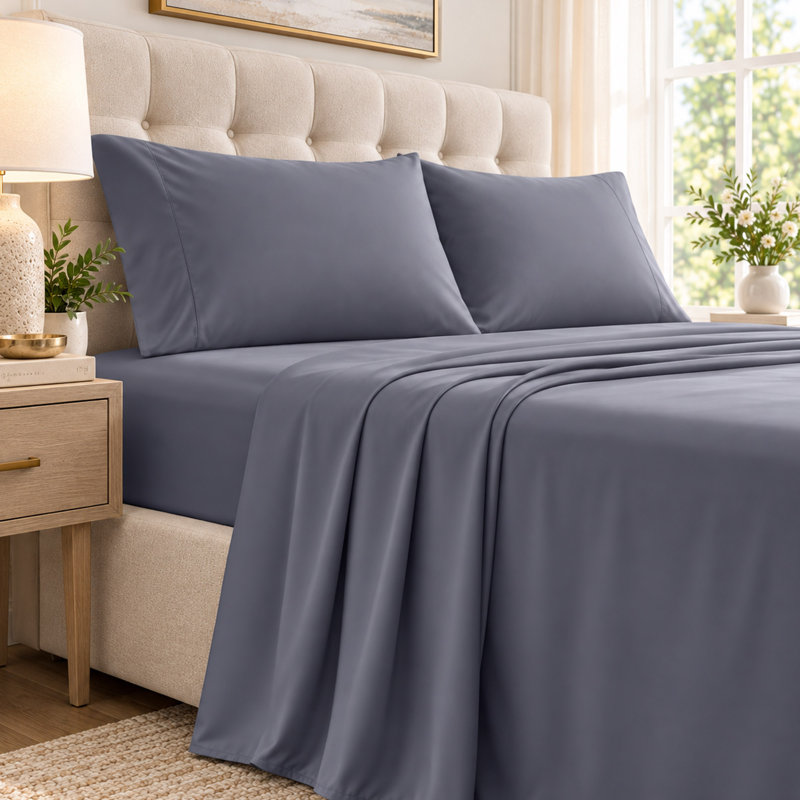 Ensemble de draps en microfibre 4 pièces avec draps-housses profonds 16 po, gris, Queen Sheet Set with 2 Pillowcases