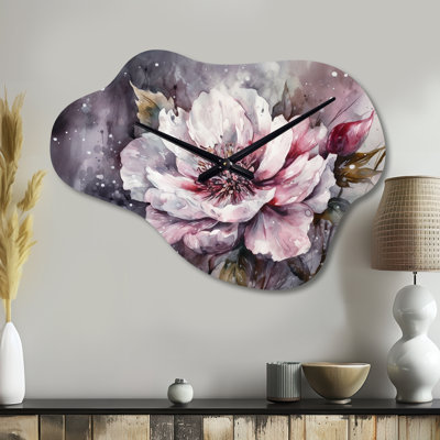 Horloge murale asymétrique en métal rose avec pivoines roses et vertes sur branche I