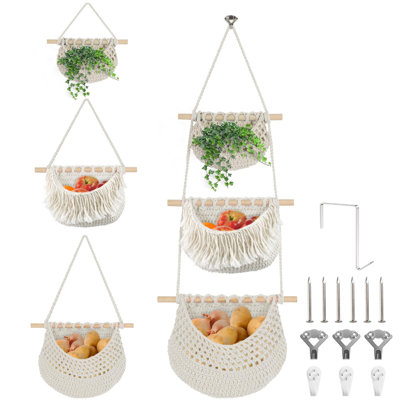 3 Tier Detachable Wall Hanging Basket Shelves Over The Door Organizer For Fruit Vegetable Plant, Boho Cotton Rope Crocheted Fruit Holder