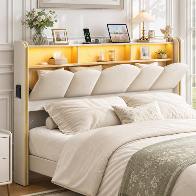 Tête de lit 48 po avec rangement pour très grand lit californien avec station de charge, très grande tête de lit tapissier en velours californien avec rangement, lumières DEL, 2 prises et 2 ports USB, cadre de fixation, assemblage facile, beige