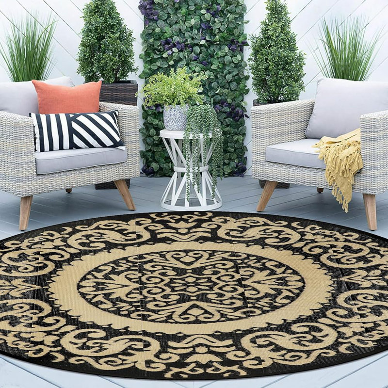 6Ft Round Outdoor Rug for Patio Reversible Plastic Straw Rug Waterproof Outdoor Mat for Porch Garden Camping and Poolside