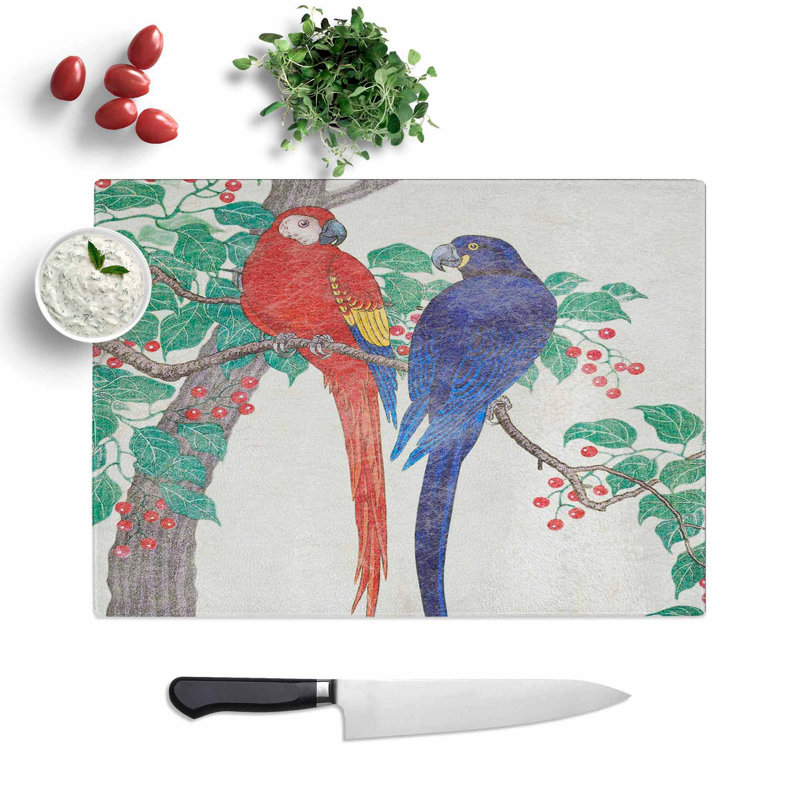 Tempered Glass Two Parrots by Ohara Koson Chopping Board, 28.5 cm W x 20 cm L