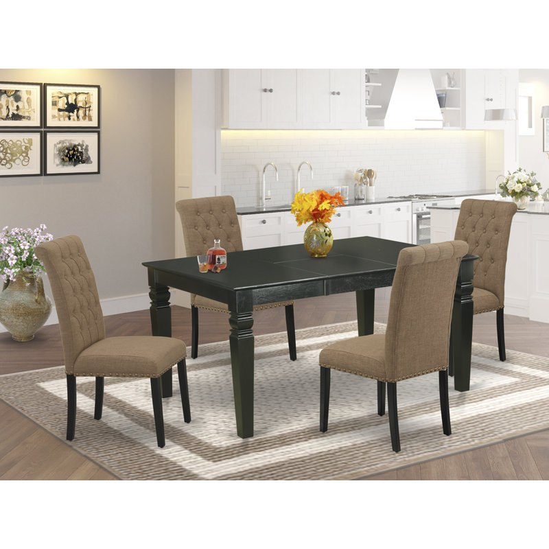 Ensemble de table de salle à manger 5 pièces comprenant une table de cuisine rectangulaire avec rallonge papillon et 4 chaises Parson en tissu de lin beige clair, 42 x 84 po, lin blanc