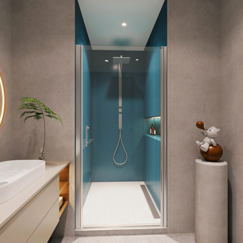 Bathroom Pivot Shower Door, 1/4" Tempered Glass, 36"-37 3/8" Wide, Captivating Look Glass Stainless Steel Handle,, Silver