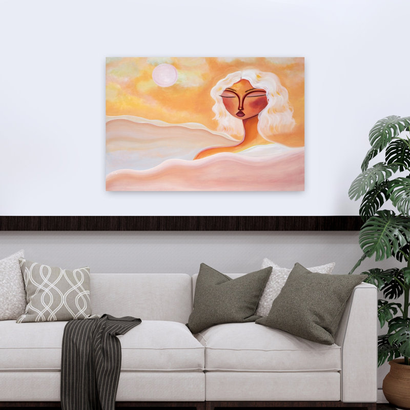 «Golden Hour Dreamer», art contemporain mural, paysage abstrait, 32" H x 48" W