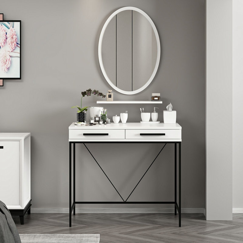 Table de maquillage élégante avec miroir, finition blanche, 35,4 x 31,5 x 17,7 pouces | 100% panneau de particules enduit de mélamine, épaisseur durable de 0,7 pouce | Idéal pour les espaces de chambre à coucher et de coiffeuse, design élégant et 