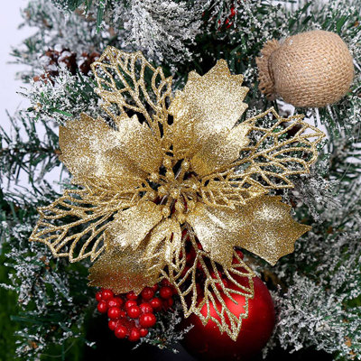 12 Pcs Christmas Glitter Poinsettia Faux Flowers