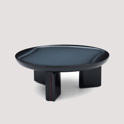 Modern Round Coffee Table, High Gloss MDF with Concave Top and 3-Leg Base, 33.46 inch Width, Black and Blue Two-Tone