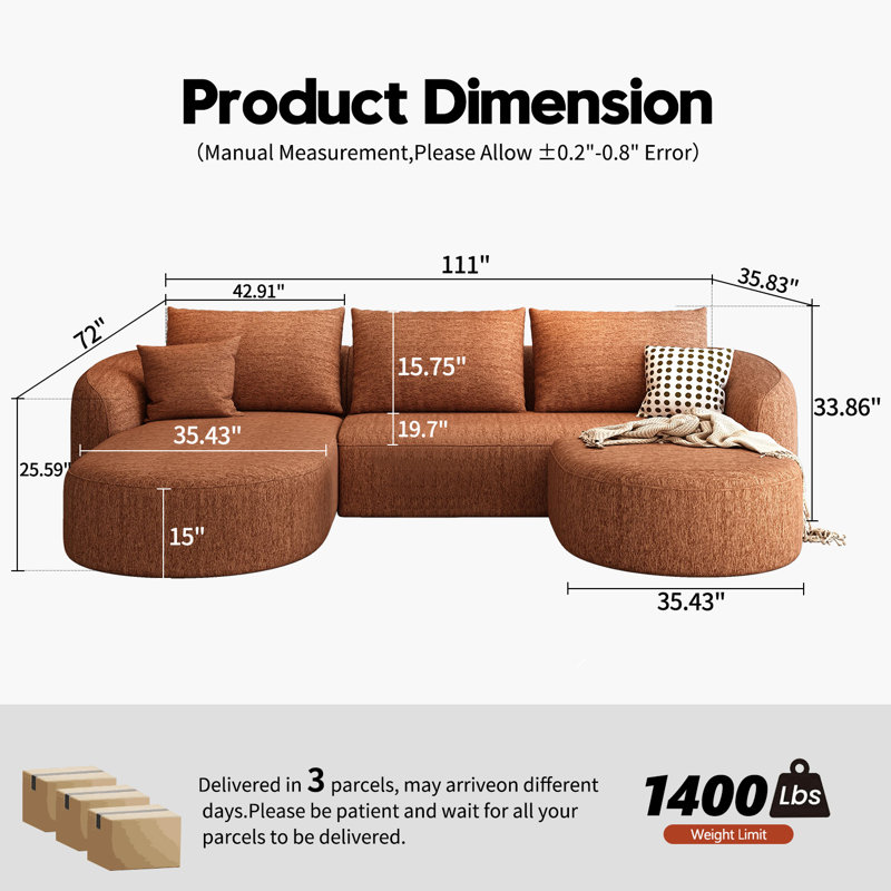 Ensemble de canapé modulaire Boneless, Orienté à gauche (vu de face), H 33,86 po x l 111 po x P 72 po, Orange