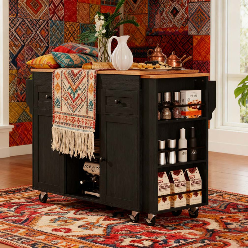 85.5" Kitchen Island with Extendable Dining Table, Kitchen Storage Table with 3 Side Open Shelves, Rolling Kitchen Island with Power Outlet, 3 Drawers, 2 Doors