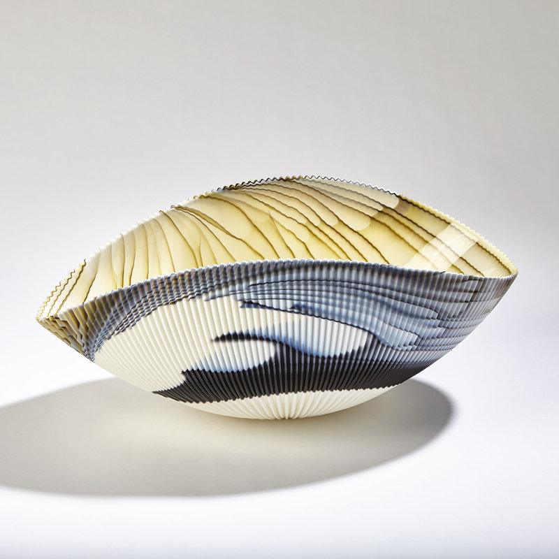 Pleated Bowl-Amber/Blue Filigree, 9" H x 12" W x 20" D