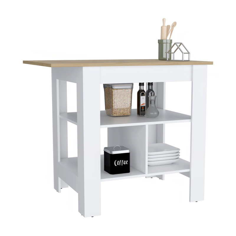 Îlot de cuisine, table de cuisine H 35 po, 3 tablettes ouvertes, blanc / macadamia