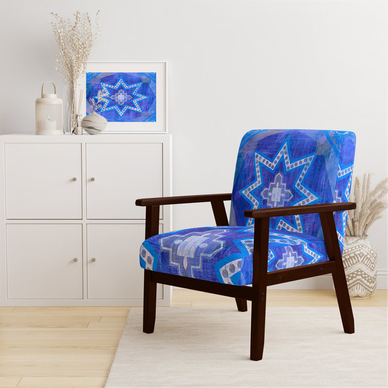 Gundry - Moroccan Orange Tiles Collage I - Upholstered Bohemian Chic Velvet Accent Arm Chair, Blue/Purple/Light Blue, Brown