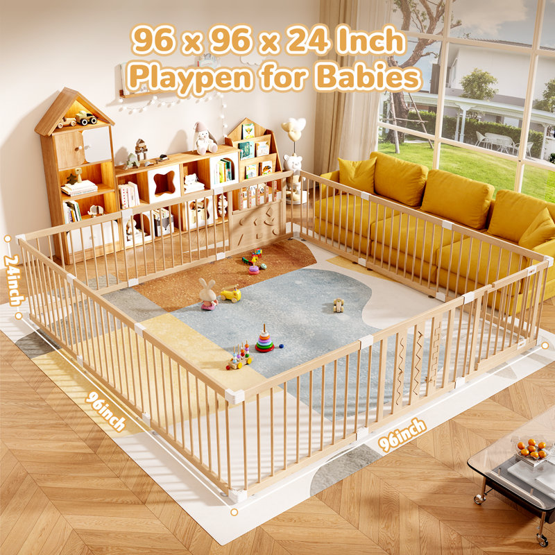 Natural Wood Baby Playpen, 12 Panels lay Yard, Door & Toys Easy to Assemble, Large Portable Play Pen for Babies and Toddlers, Infant Play Pen Play, Made of Natural Pine Wood