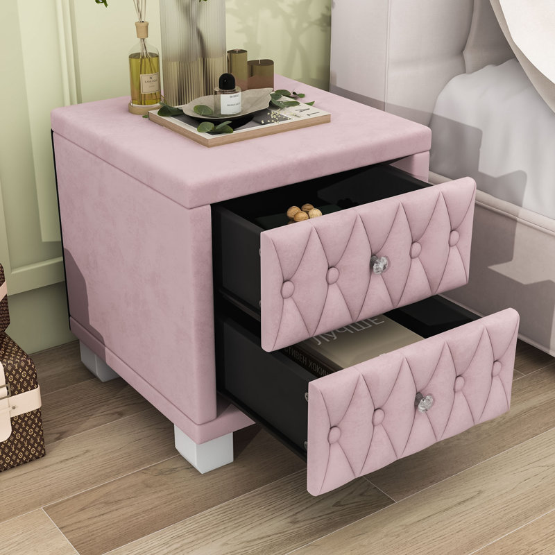 Table de chevet avec 2 tiroirs et capitonnée, Rose