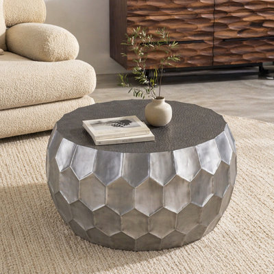 CT101 Table basse ronde contemporaine contemporaine en aluminium 32 po, table de ferme avec base en diamant brillant à motif argent antique