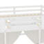 Lit mezzanine double en blanc avec rangement intégré, bibliothèque et rideau, barrières de sécurité, conception d'amusement, style loft, style chalet