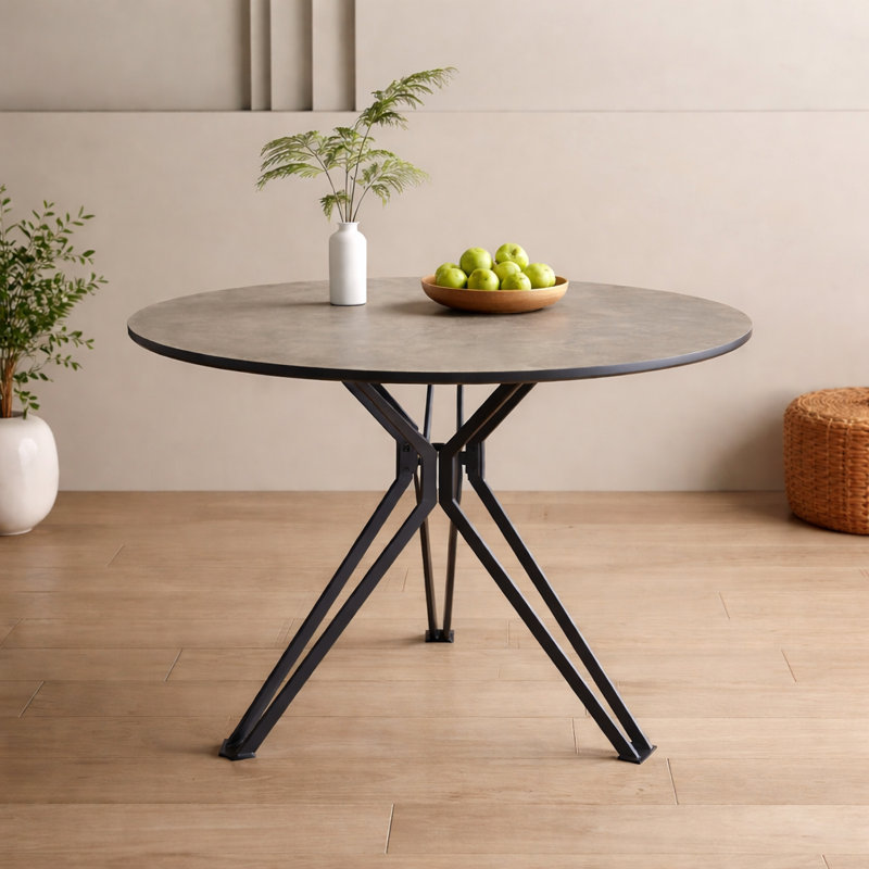 Table de salle à manger ronde 35 po aspect pierre grise avec base en forme de X noire - Table bistro industrielle moderne