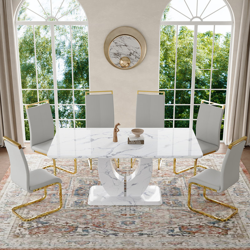Ensemble de table de salle à manger, Gris clair / doré, Marbre blanc, 7 pièces