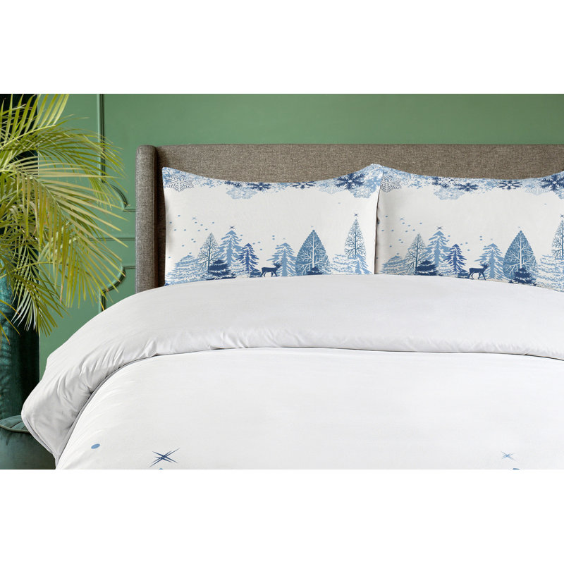 Queen Blue White Winter Scene Microfiber Duvet Cover Set