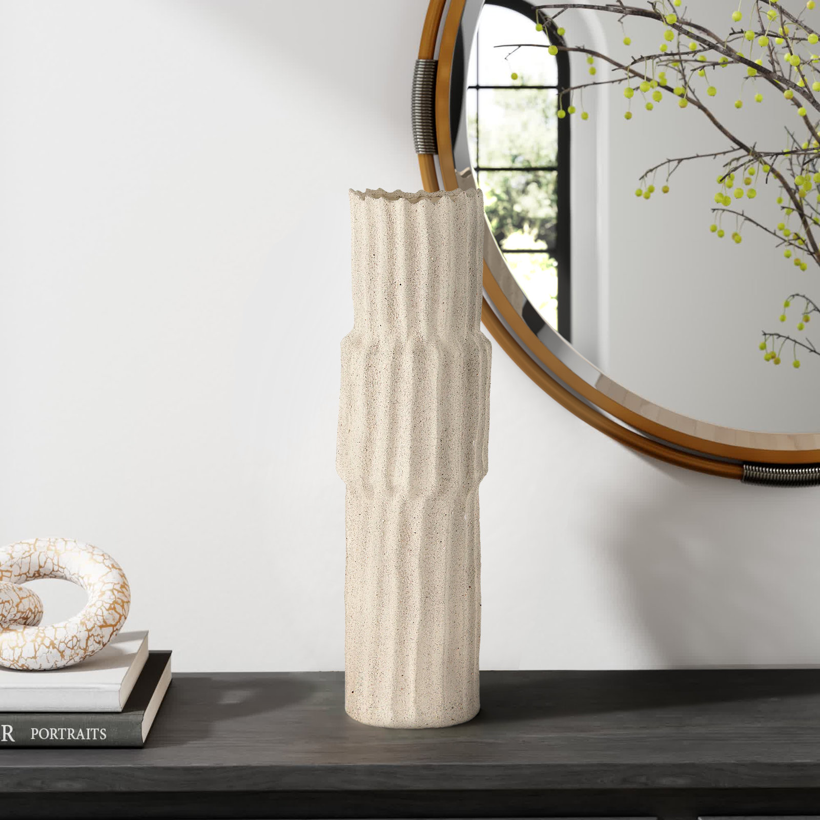 Zahari Ceramic Table Vase, Cream, 23" H x 6.7" W x 6.7" D