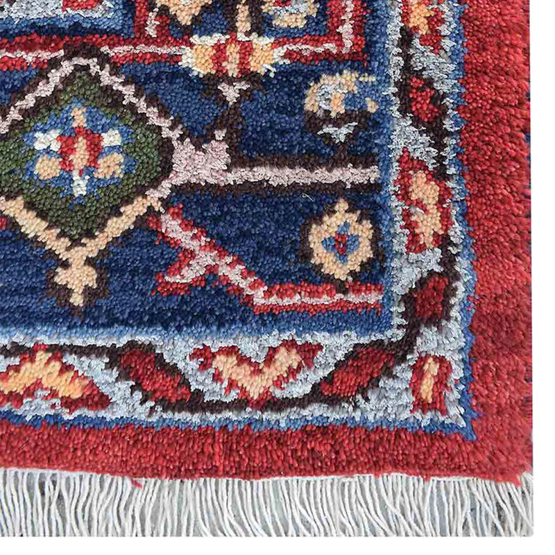Red Blue Silk and Wool Handmade Oriental Area Rug, Hand Knotted, Rectangle Shape, Rectangle 3' x 5'