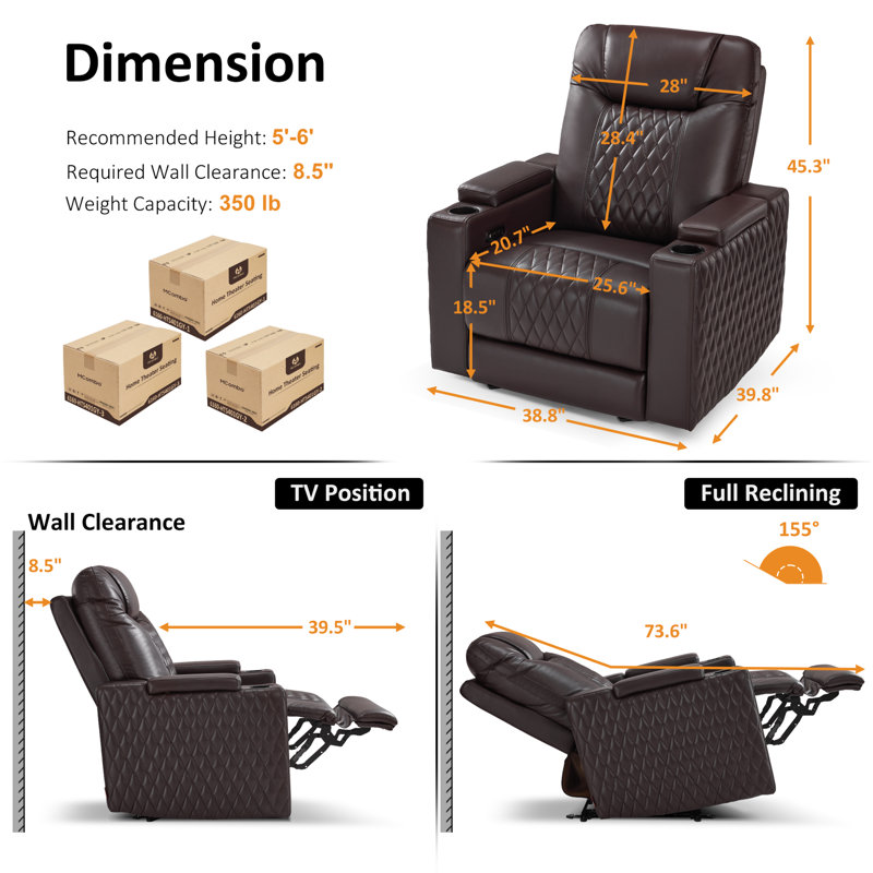 Fauteuil inclinable électrique, sièges de cinéma maison avec appui-tête réglable, port USB et de type C, éclairage DEL et rangement d'accoudoirs