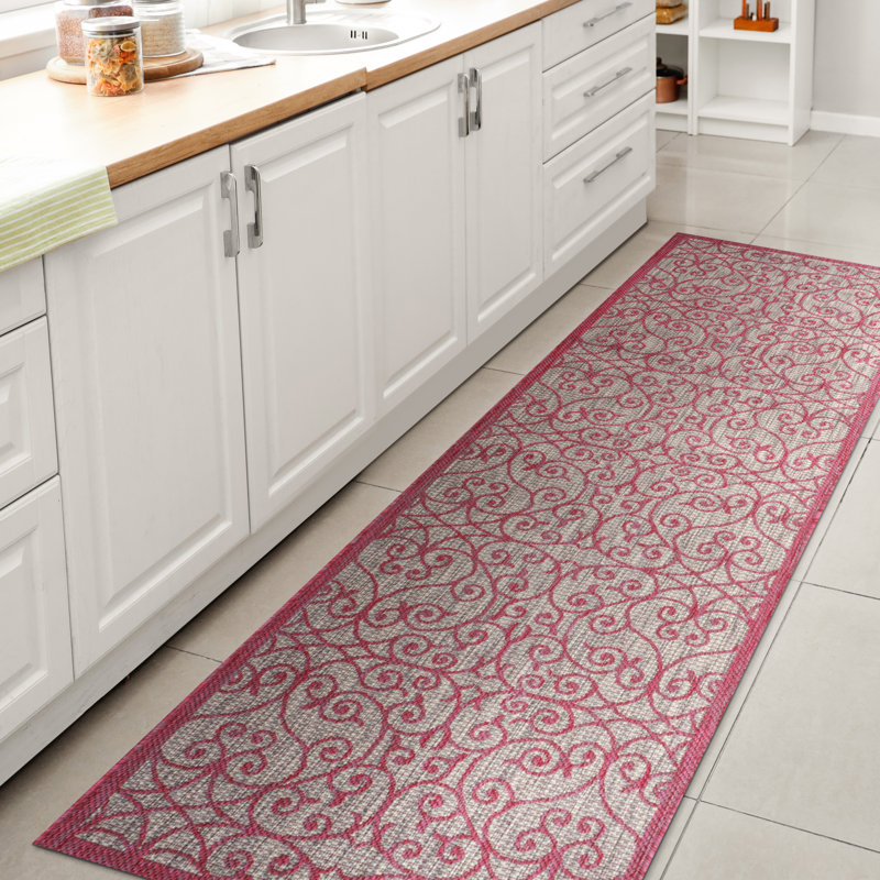 Deronte Vintage Filigree Textured Weave Light Gray/Fuchsia Indoor/Outdoor Rug, Runner 2'2" x 8'